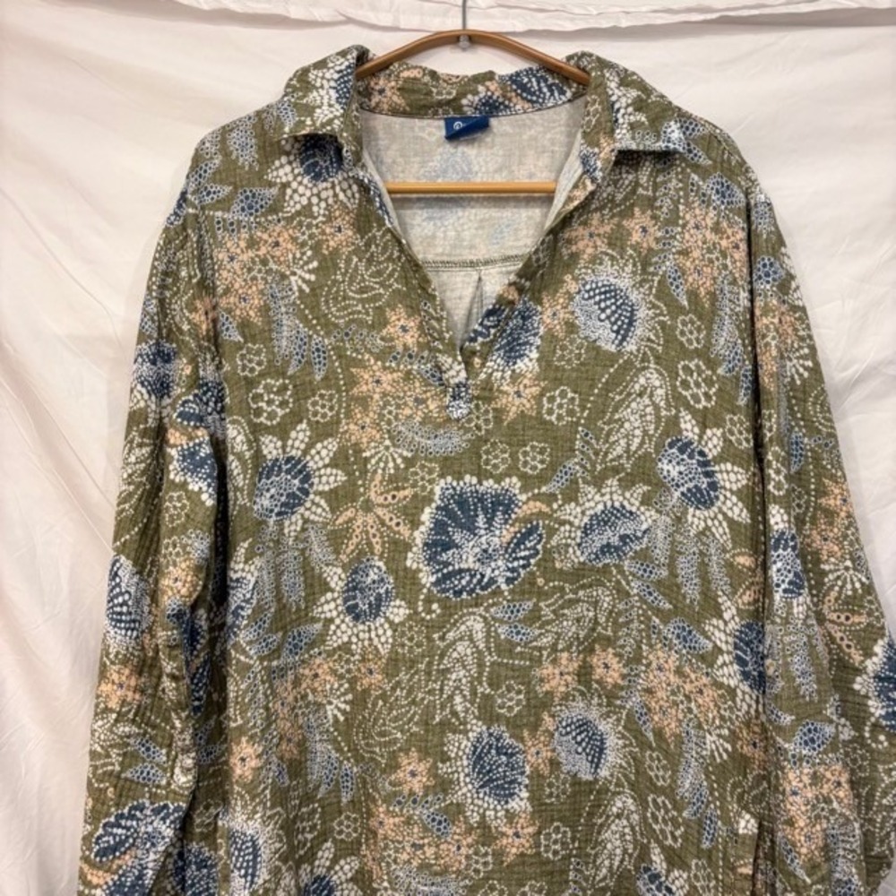 RipSkirt Hawaii Cotton Gauze Floral Batik Midi Shirt Dress Olive Green Large - Picture 2 of 9